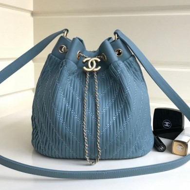 Cheap Chanel Chevron Pleated Bucket Bag Blue 2019 Collection CE03702