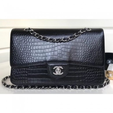 Copy Best Chanel Croco Pattern Classic Flap Medium Bag Black CE00770