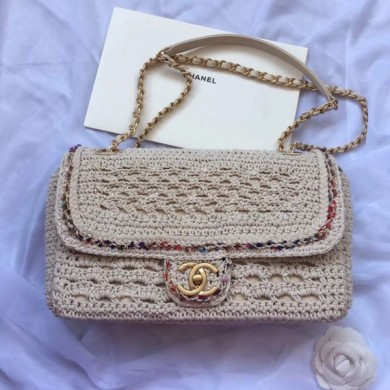 Copy Best Quality Chanel Crochet Colored Stripe Trim Medium Flap Bag White 2019 Collection CE00935