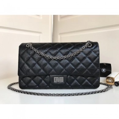 Copy Chanel 2.55 Reissue Size 227 Bag in wrinkled calfskin black with silver hardware CE02813