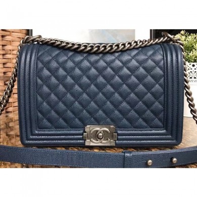 Copy Chanel Caviar Leather Boy Flap New Medium Bag Navy Blue/Silver CE04000