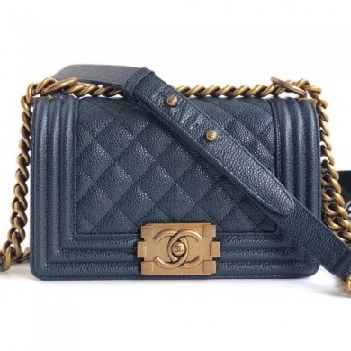 Copy Chanel Caviar Leather Boy Flap Small Bag Navy Blue/Gold CE00749