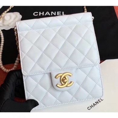 Copy Chanel Lambskin with Imitation Pearls Mini Flap Bag AS0580 White 2019 CE03119