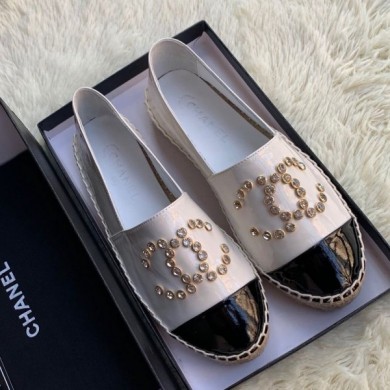 Copy Chanel Patent Leather Crystal CC Espadrilles White 2019 Collection CE00981
