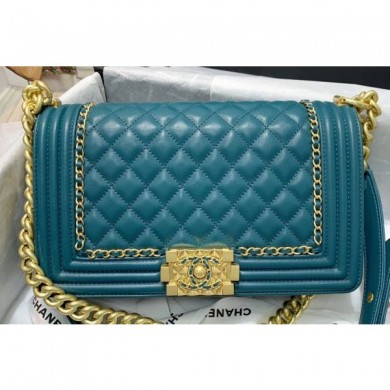 Fake Best Chanel Boy Flap Medium Bag with Chain Trim Turquoise Blue Cruise 2020 CE02763
