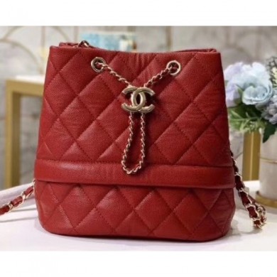 Fake Chanel Caviar Leather Quilted Rolled Up Drawstring Bucket Bag Red CE03974