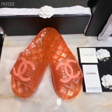 Fake Chanel CC Logo Transparent PVC Shower Shoes Mules Slipper Sandals Orange 2019 CE02338