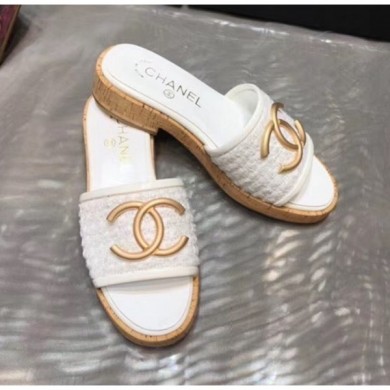 Fake Chanel CC Metal Logo Tweed Flat Slide Sandals White 2020 Collection CE01057