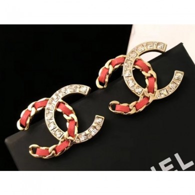 Fake Chanel Crystal and Leather CC Earrings Red/Crystal/Gold 2018 CE02984