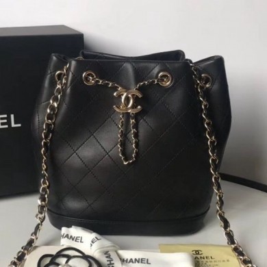 Fake Chanel Quilted Leather Chain Drawstring Small Bucket Bag Black 2019 Collection CE03571