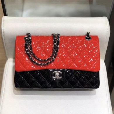 Fake Chanel Quilted Patent Calfskin Medium Classic Flap Bag A01112 Red/Black/Silver 2019 Collection CE02540