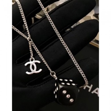 Fake Chanel Small Necklace with Dice Pendant Silver/Black/Crystal 2018 CE04126