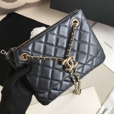 Fake Cheap Chanel Quilted Shiny Lambskin Double Clutch with Chain AP1073 Black 2019 Collection CE02607