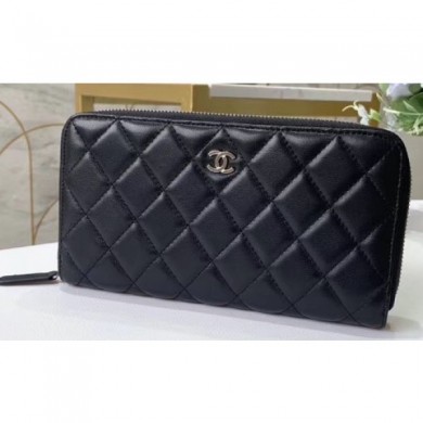 Fashion Copy Chanel Classic Long Zipped Wallet 31507 Lambskin Black/Silver CE04176
