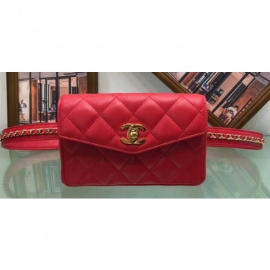 Fashion Fake Chanel Vintage Chain Belt Quilted Fanny Pack Waist Flap Bag Lambskin Red CE02014