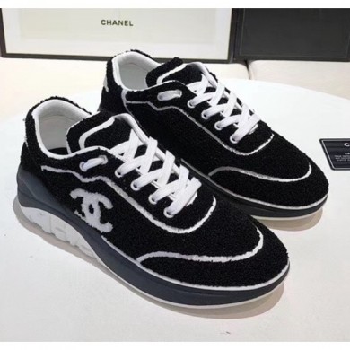 Fashion Imitation Chanel Terry-cloth & Goatskin Classic Sneaker Black/White 02 2020 Collection CE02569
