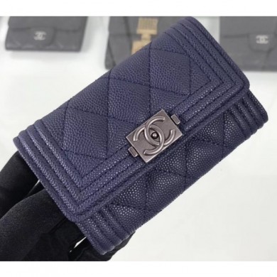 High Imitation Chanel Grained Calfskin Boy Flap Card Holder A80603 Navy Blue/Silver CE02867