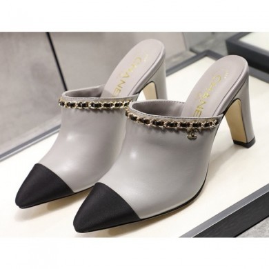 High Imitation Chanel Heel 8.5cm Chain Mules Gray 2020 CE03128