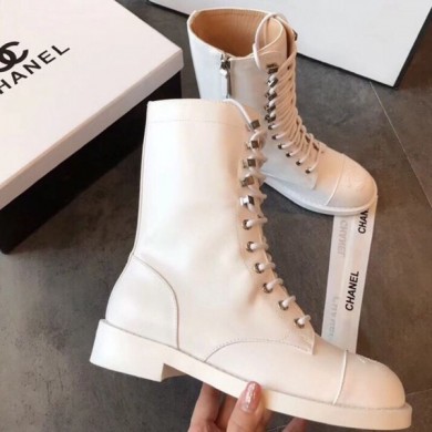 High Quality Replica Chanel Calfskin Flat Lace up Mid-Shaft Boot White 2019 Collection CE00799