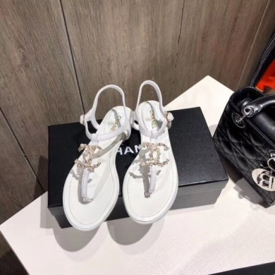 Hot Fake Chanel pearl CC Logo Thong Sandals G35692 WHITE 2020 CE02466