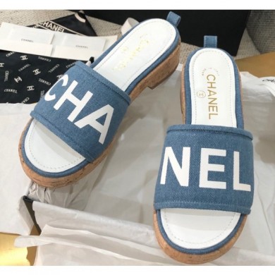 Imitation 1:1 Chanel Heel Logo Mules Denim Blue 2020 CE03091