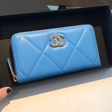 Imitation Best Chanel 19 Goatskin Long Zipped Wallet AP1063 Blue 2019 Collection CE02907