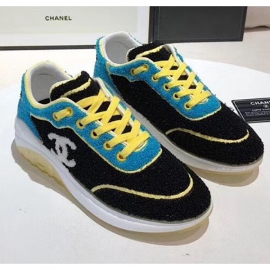 Imitation Best Quality Chanel Terry-cloth & Goatskin Classic Sneaker Black/Yellow 2020 Collection CE02934