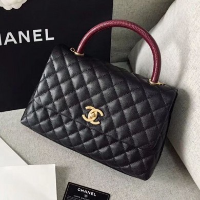 Imitation Chanel Grained Calfskin Medium Coco Flap Bag With Lizard Leather Top Handle Black (Top Quality)) Collection CE02699