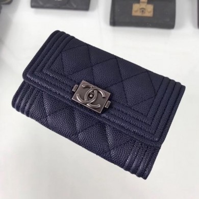Imitation Chanel Grained Leather Small Flap Boy Wallet A80603 Navy Blue 2019 Collection CE01197