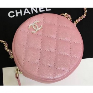 Imitation Chanel Iridescent Pearl Caviar Classic Round Clutch with Chain Bag AP0366 Pink 2019 CE01992