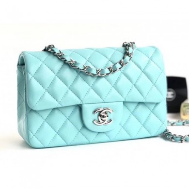 Imitation Chanel Lambskin Classic Flap Bag A01116 Light Blue With Silver Hardware CE02496