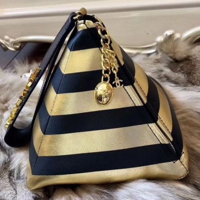 Imitation Chanel Metallic Lambskin Stripes Pyramid Clutch Bag AS0688 Gold/Black 2019 Collection CE01313