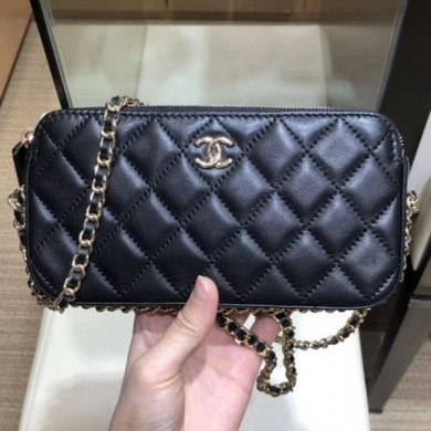 Imitation Chanel Quilted Lambskin Double Clutch with Chain AP0738 Black 2019 Collection CE00874