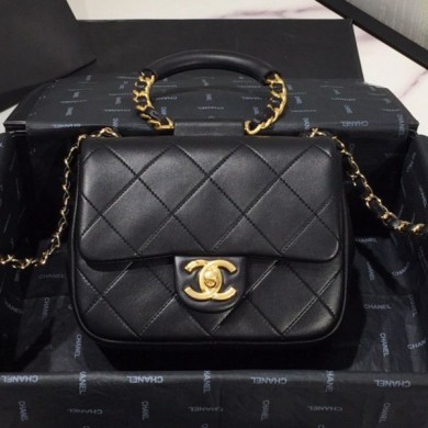 Imitation Chanel Quilted Lambskin Small Flap Bag with Ring Top Handle AS1357 Black 2020 Collection CE01491