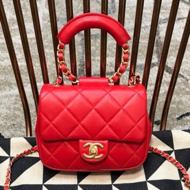 Imitation Chanel Quilted Lambskin Small Flap Bag with Ring Top Handle AS1357 Red 2020 Collection CE03644