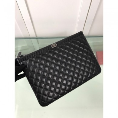 Imitation Chanel Quiltted Lambskin Large Boy Pouch A84407 Black/Silver 2019 Collection CE04288