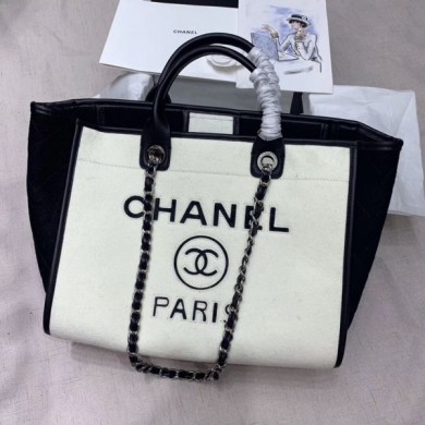 Knockoff 1:1 Chanel Deauville Wool Felt Medium Shopping Bag A93786 White/Black 2019 Collection CE01700