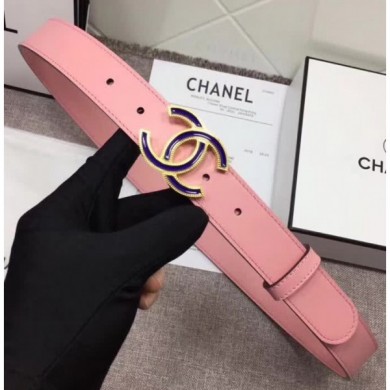 Knockoff Chanel Calf Leather Belt with Blue Buckle 30mm Width Pink 2018 CE00532