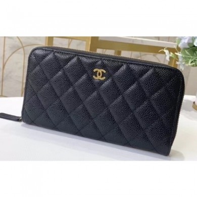 Knockoff Chanel Classic Long Zipped Wallet 31507 Grained Calfskin Black/Gold CE02566