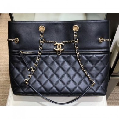 Knockoff Chanel Drawstring Shopping Tote Bag with Zip Black 2019 CE01298