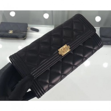 Knockoff Chanel Lambskin Boy Long Flap Wallet A80286 Black/Gold CE04054