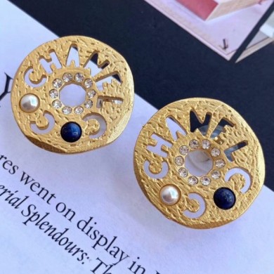 Knockoff Chanel Round Metal Cutout Lettering Stud Earrings AB1602 Gold/Blue 2019 Collection CE03539