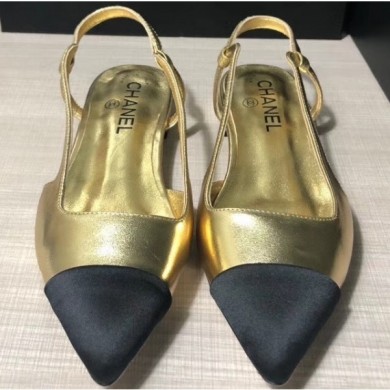 Knockoff Cheap Chanel Lambskin and Satin Slingbacks G35261 Metallic Gold/Black 2020 CE03520