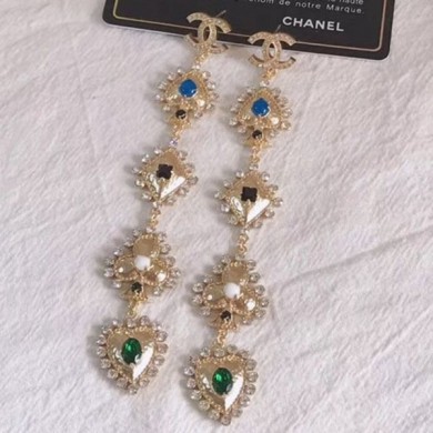 New Chanel Crystal Heart Long Earrings AB2404 Blue/Green 2019 Collection CE03618