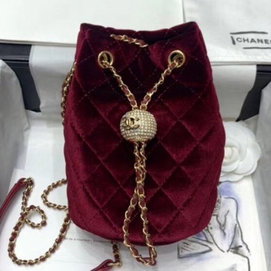 New Chanel Quilted Velvet Drawstring Bucket Bag with Crystal Ball Charm AS1894 Burgundy 2020 Collection CE01831