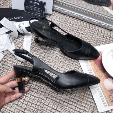 Replica AAA Chanel Pearl Heel Slingback Pumps G34597 Black 2019 Collection CE02773