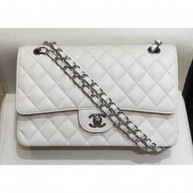 Replica AAAAA Chanel Grained Caflskin Medium Classic Flap Bag A01112 White With Silver Hardware CE03973