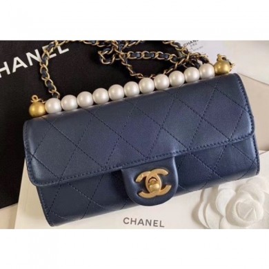 Replica AAAAA Chanel Logo Chain Pearl Clutch with Chain Bag AP1001 Navy Blue 2020 CE01390