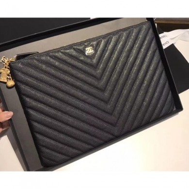 Replica Best Chanel Caviar Leather Owl Charms Chevron Pouch Clutch Large Bag A82545 Black 2018 CE03757