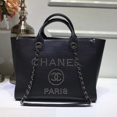 Replica Chanel Deauville Grained Calfskin Medium Shopping Bag A57067 Black/Silver 2019 Collection CE01317